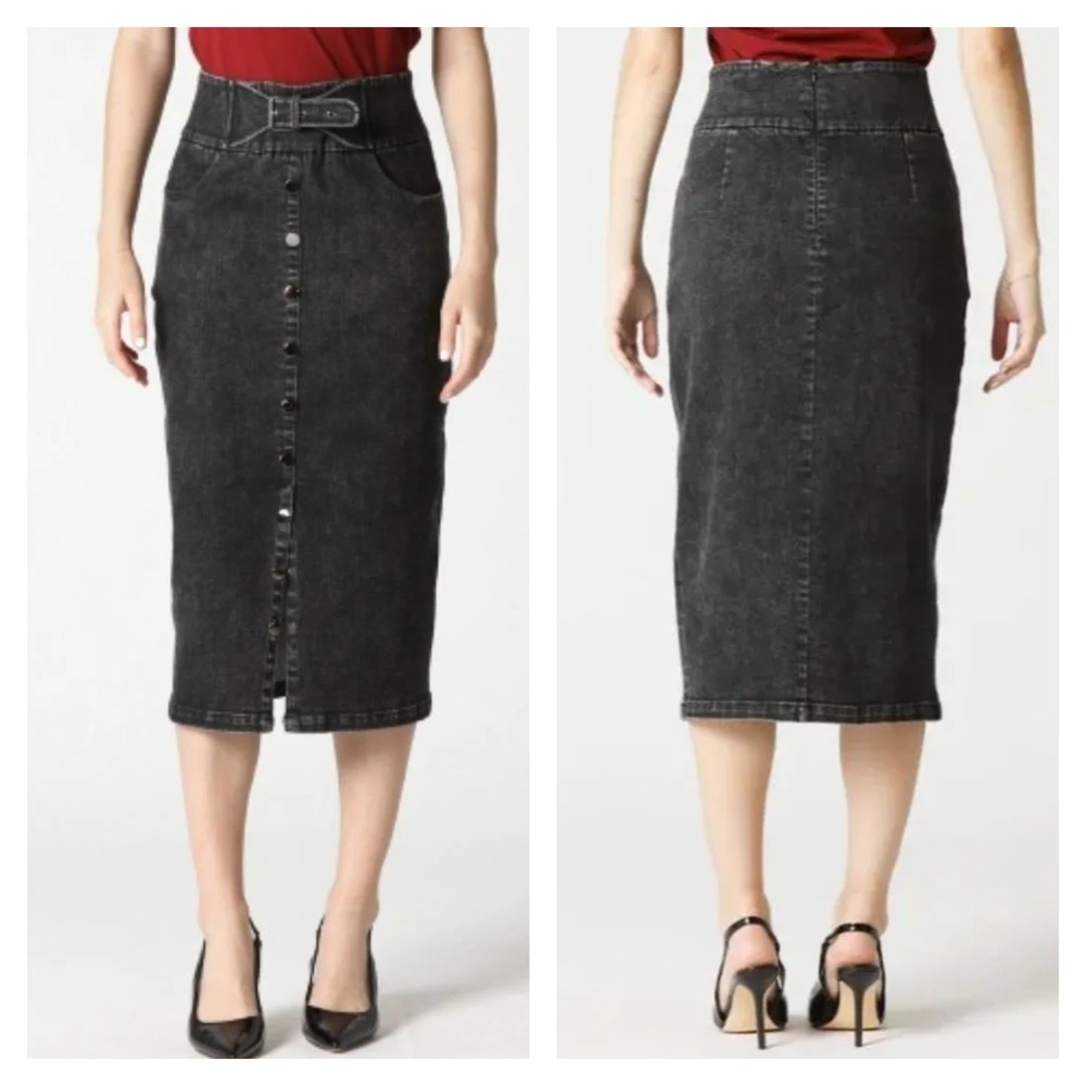 Gracia Womens S Long Denim Button Front‎ Belted Midi Pencil Skirt Black Wash